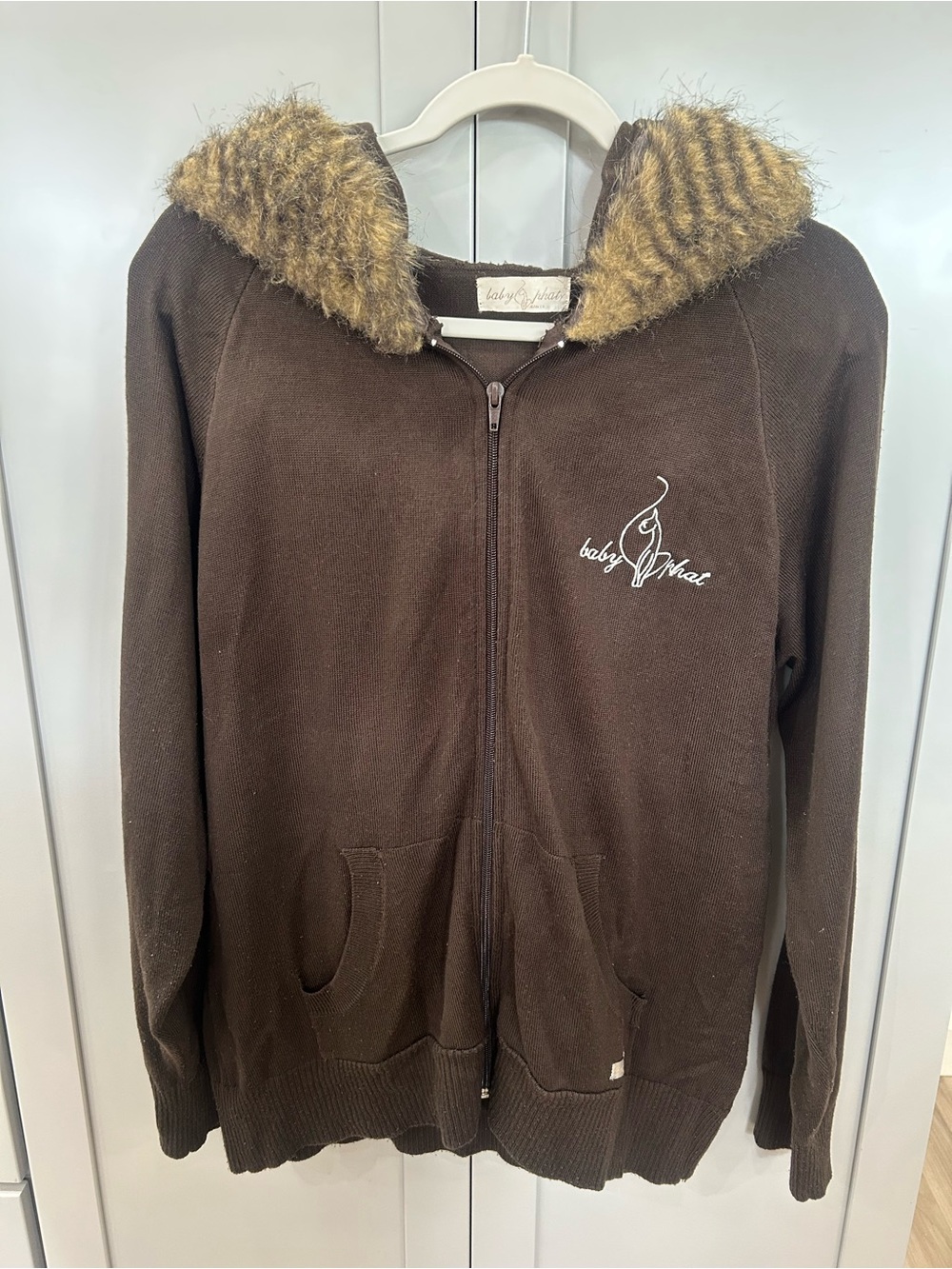 Vintage Y2K Baby Phat Brown Faux Fur Hooded Knit Jacket Size Medium